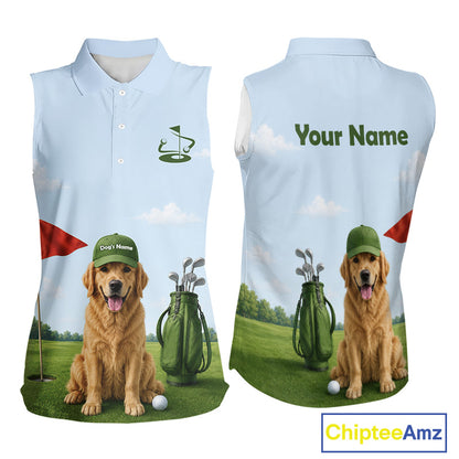 Sleeveless shirt with a golden retriever on a golf course design, customizable text
