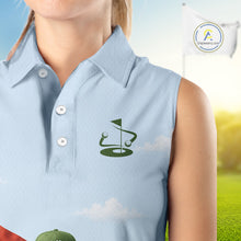 Load image into Gallery viewer, Light blue sleeveless polo shirt with a golf themed logo on a blurred golf course background