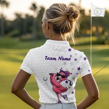 Load image into Gallery viewer, Person wearing a white polo shirt with a flamingo design and 'Team Name' text on a golf course.