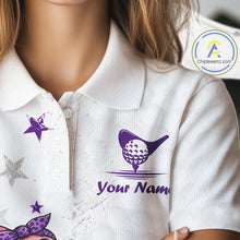 Load image into Gallery viewer, White shirt with purple logo and text on a blurred background