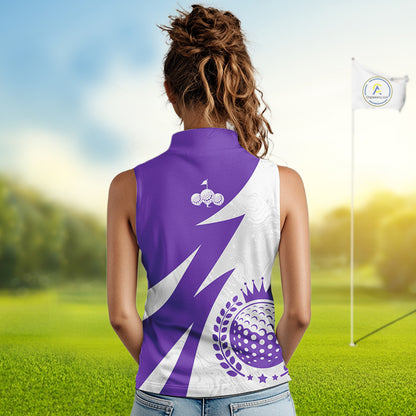 Womens Sleeveless Golf Polo Shirts Custom Name Purple And White Golf Shirt, Golf Attire NBT670
