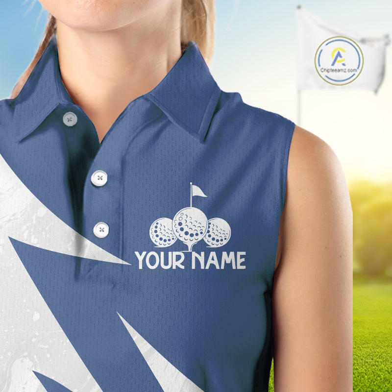 Womens Sleeveless Golf Polo Shirts Custom Name Navy Blue And White Golf Shirt, Golf Attire NBT671