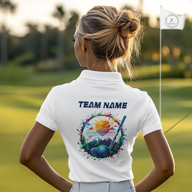 Womens Golf Polo Shirt Watercolor Golfer Golf Pattern Custom Name White Golf Shirt, Golf Gifts NBT685