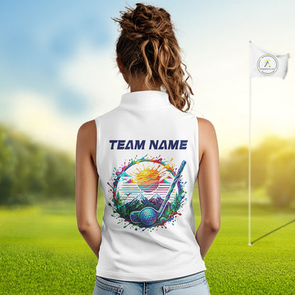 Womens Golf Polo Shirt Watercolor Golfer Golf Pattern Custom Name White Golf Shirt, Golf Gifts NBT685