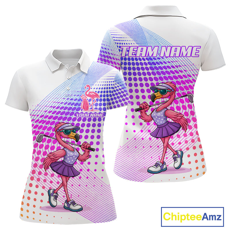 Custom Name Funny Flamingo Womens Golf Polo Shirts, Golf Gifts For Ladies, Flamingo Lovers NBT540