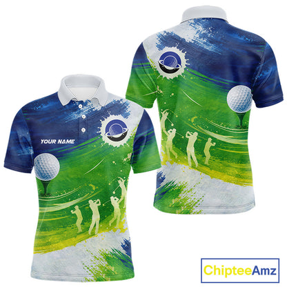 Mens Golf Polo Shirts Custom Name Blue And Green Golf Shirt, Tournament Golf Tops For Mens NBT546