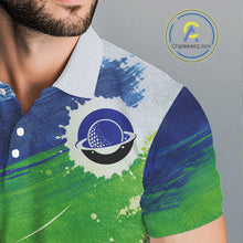 Load image into Gallery viewer, Mens Golf Polo Shirts Custom Name Blue And Green Golf Shirt, Tournament Golf Tops For Mens NBT546