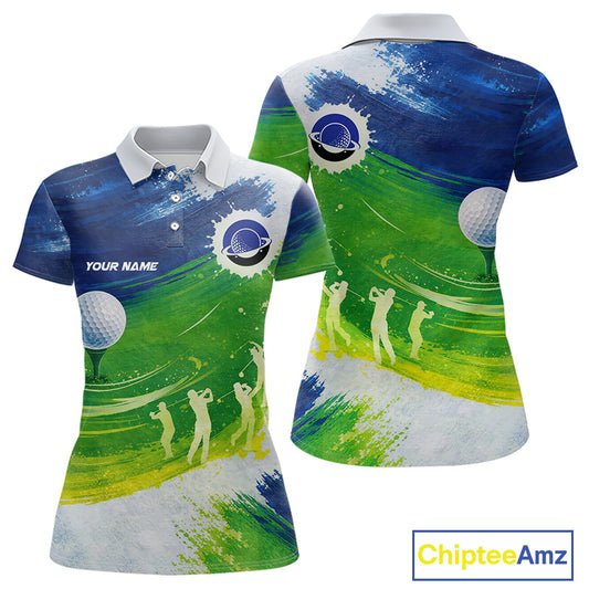 Womens Golf Polo Shirts Custom Name Blue And Green Golf Shirt, Tournament Golf Tops For Ladies NBT546