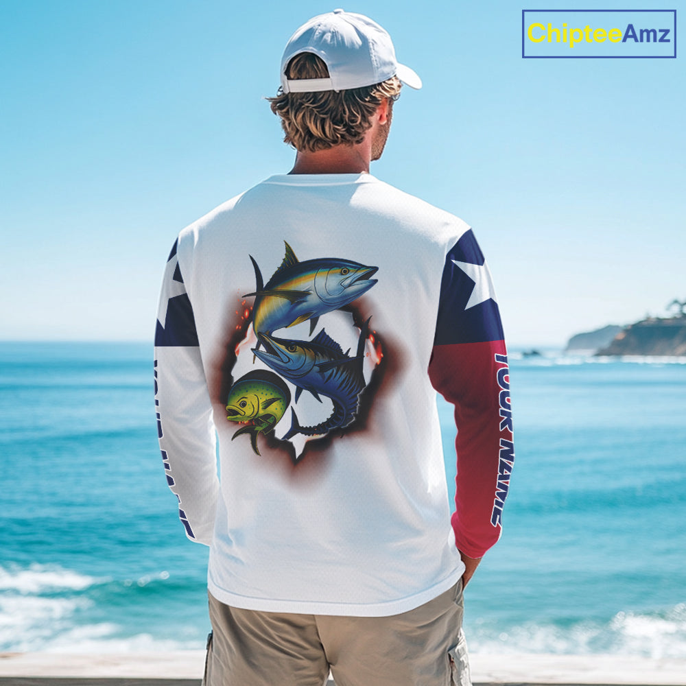 Personalized Texas Flag Mahi Mahi, Wahoo, Tuna Performance Long Sleeve Fishing Shirts NBT690