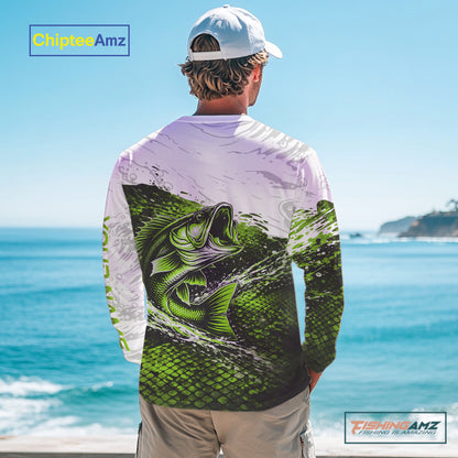 Custom Largemouth Bass Fish Scale Long Sleeve Fishing Shirts, Bass Fishing Jerseys|Green NBT352