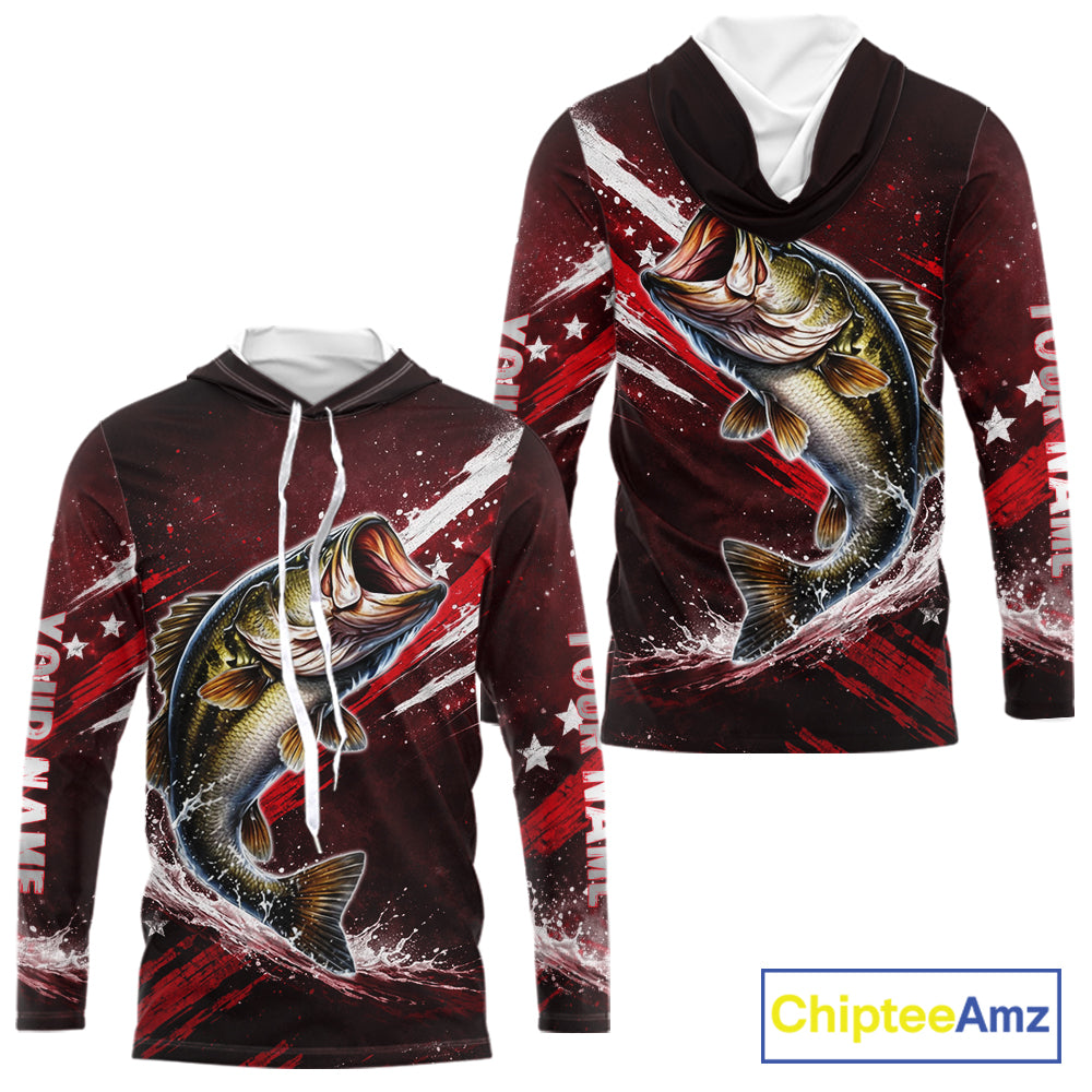 American Flag Fishing Shirt, Bass Long Sleeve Hooded Fishing Shirts, Bass Fishing Tournament Shirts|Red NBT434