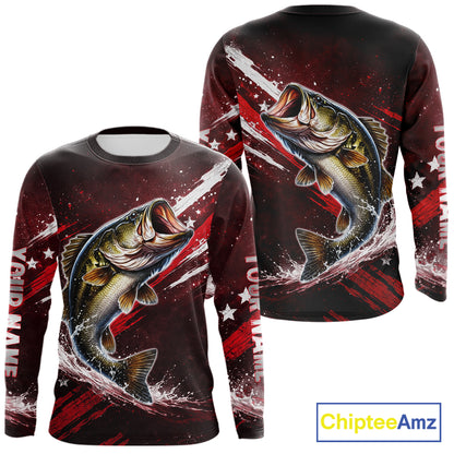 American Flag Fishing Shirt, Bass Fishing Shirts Long Sleeve, Bass Fishing Tournament Shirts|Red NBT434
