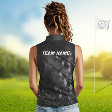 Load image into Gallery viewer, A woman wearing a womens gray argyle pattern sleeveless golf polo shirt with “Team Name” on the back