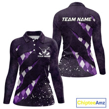 Load image into Gallery viewer, Front and back views of a womens green argyle pattern long sleeve golf polo shirt, chest name text, and team name on the back.