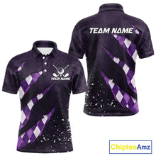 Load image into Gallery viewer, Front and back views of a purple argyle plaid pattern golf polo shirt, chest name text, and team name on the back.