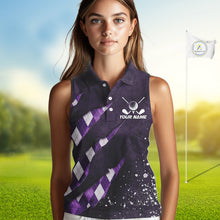 Load image into Gallery viewer, A woman wearing a green argyle sleeveless golf polo shirt with “Your Name” and a golf clubs graphic on the chest.