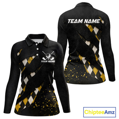 Front and back views of a womens black and yellow argyle pattern golf polo shirt, chest name text, and team name on the back.