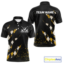Load image into Gallery viewer, Front and back views of a black, yellow argyle plaid pattern golf polo shirt, chest name text, and team name on the back.