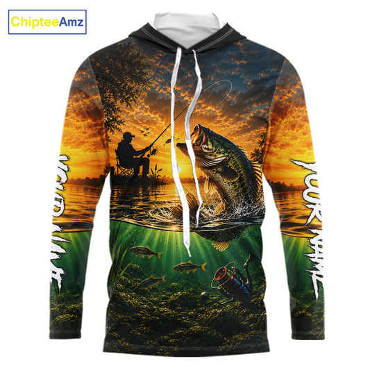 Largemouth Bass Fishing Custom Performance Long Sleeve Hooded Fishing Shirt, Bass Fishing Jerseys NBT946