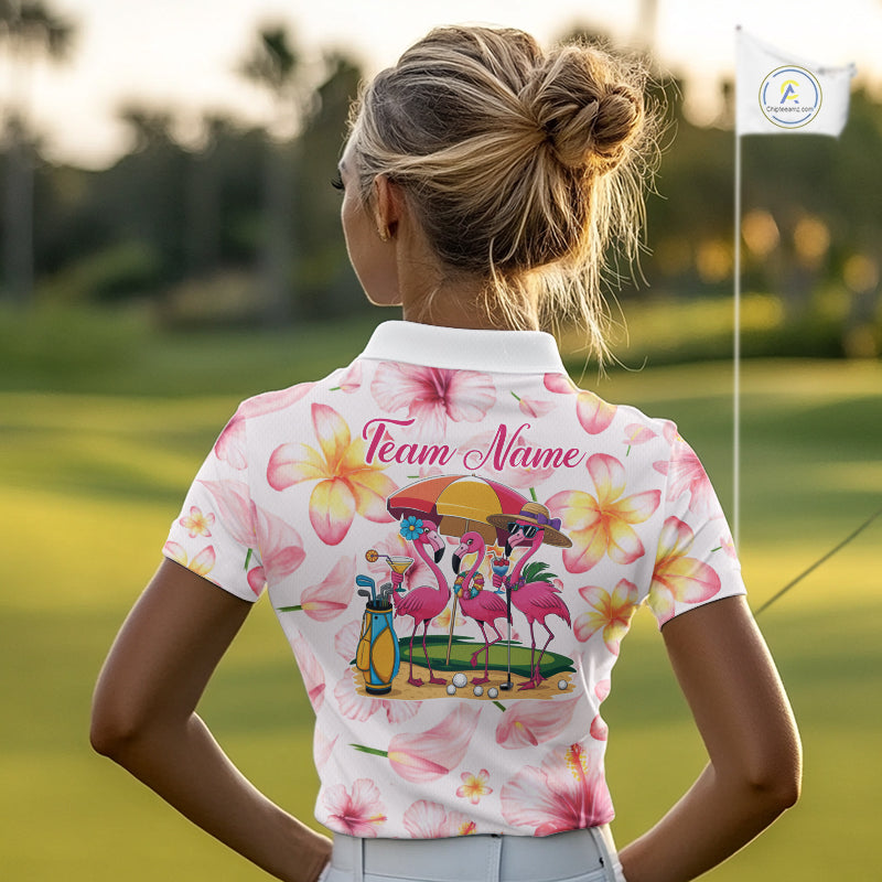 Custom Pink Tropical Flower Funny Flamingo Womens Golf Polo Shirts, Funny Golf Shirts For Ladies NBT565