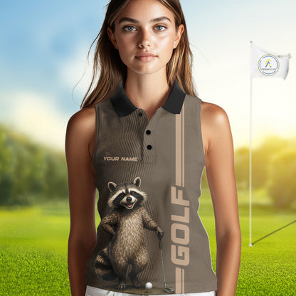 Personalized Funny Brown Raccoon Custom Name Sleeveless Polo Golf Shirt For Womens, Golfer Gifts NBT888