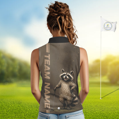 Personalized Funny Brown Raccoon Custom Name Sleeveless Polo Golf Shirt For Womens, Golfer Gifts NBT888