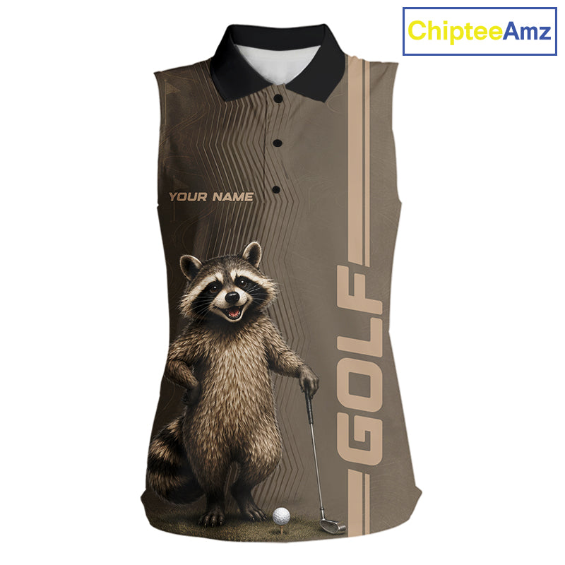 Personalized Funny Brown Raccoon Custom Name Sleeveless Polo Golf Shirt For Womens, Golfer Gifts NBT888