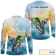 Load image into Gallery viewer, Front and back view of personalized mahi mahi wahoo tuna blue hooded performance fishing shirt with personalized name 