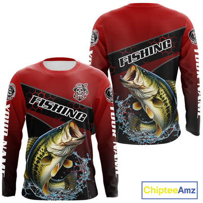 Largemouth Bass Hooded Fishing Shirts Red Camo Custom Name, Bass Fishing Shirts NBT463