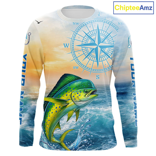 Mahi Mahi Fishing Sunset Custom Fishing Long Sleeve Shirt, Mahi Mahi Compass Offshore Fishing Apparel NBT585