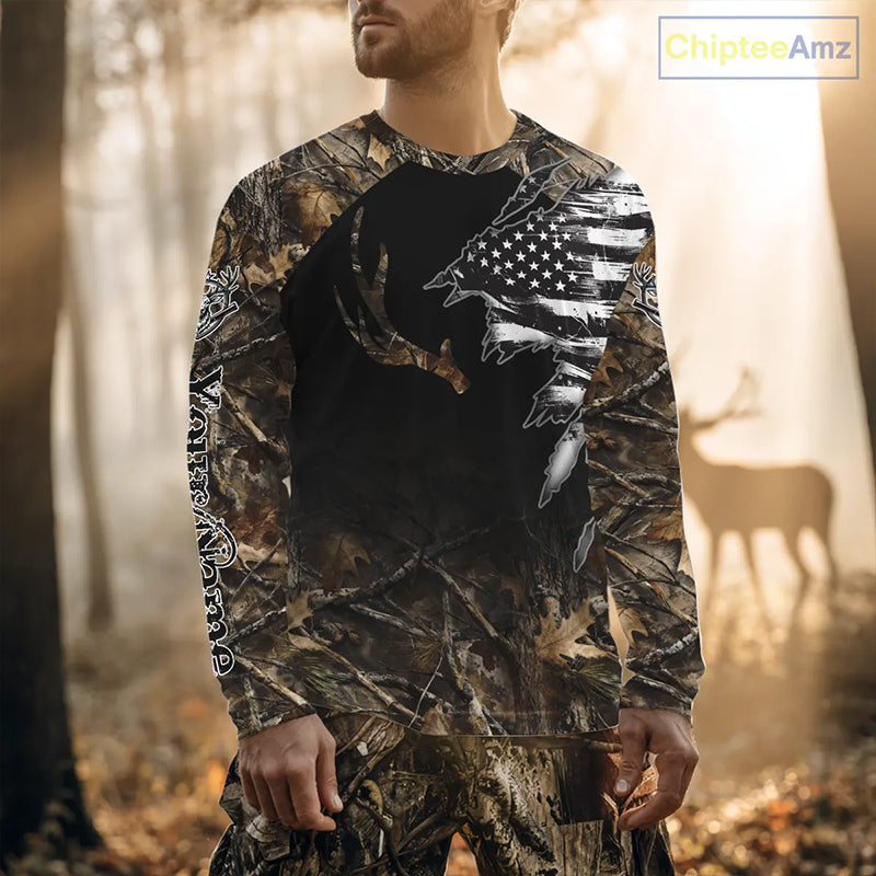 Whitetail Deer Hunting Shirts Personalized Black US Flag Camouflage, Best Gifts for Deer Hunters NBT275