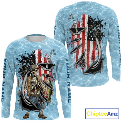 Custom Bass Fishing Long Sleeve American Flag Fish Reaper Fishing Shirts, Bass Fishing Jerseys NBT729