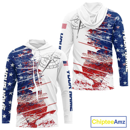 Personalized Patriotic Fishing Team Shirts, American Flag Long Sleeve Hooded Fishing Shirts NBT486