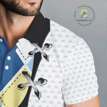 Load image into Gallery viewer, Blue and yellow golf argyle plaid pattern on mens custom golf polo shirt