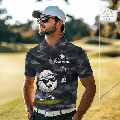 Model wearing funny mens golf polo shirt with custom golf ball camo pattern, unique mens golf outfit and funny golf gift idea