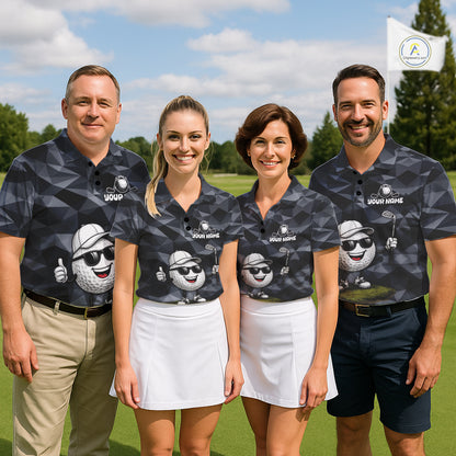 Four people wearing matching golf-themed shirts on a golf course.