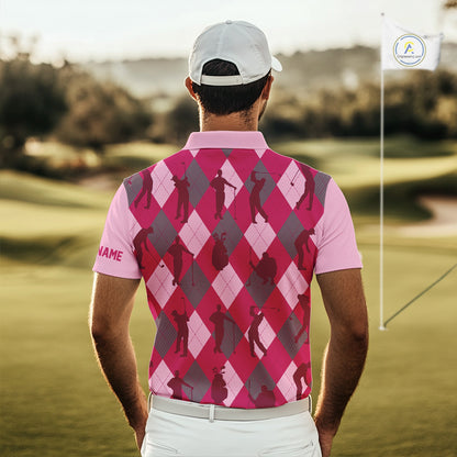 Pink Argyle Mens Golf Polo Shirts, Golf Shirts Custom Team Golf Polo For Men Team Golf Tops NBT490