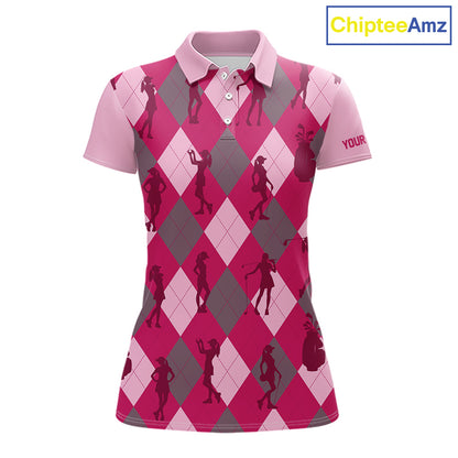 Pink Argyle Womens Golf Polo Shirts, Golf Shirts Custom Team Golf Polo For Ladies Team Golf Tops NBT490