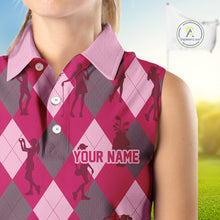 Load image into Gallery viewer, Pink Argyle Womens Sleeveless Golf Polo Shirts, Golf Shirts Custom Team Golf Polo For Ladies Team Golf Tops NBT490