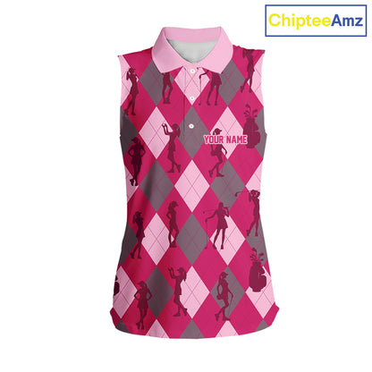 Pink Argyle Womens Sleeveless Golf Polo Shirts, Golf Shirts Custom Team Golf Polo For Ladies Team Golf Tops NBT490