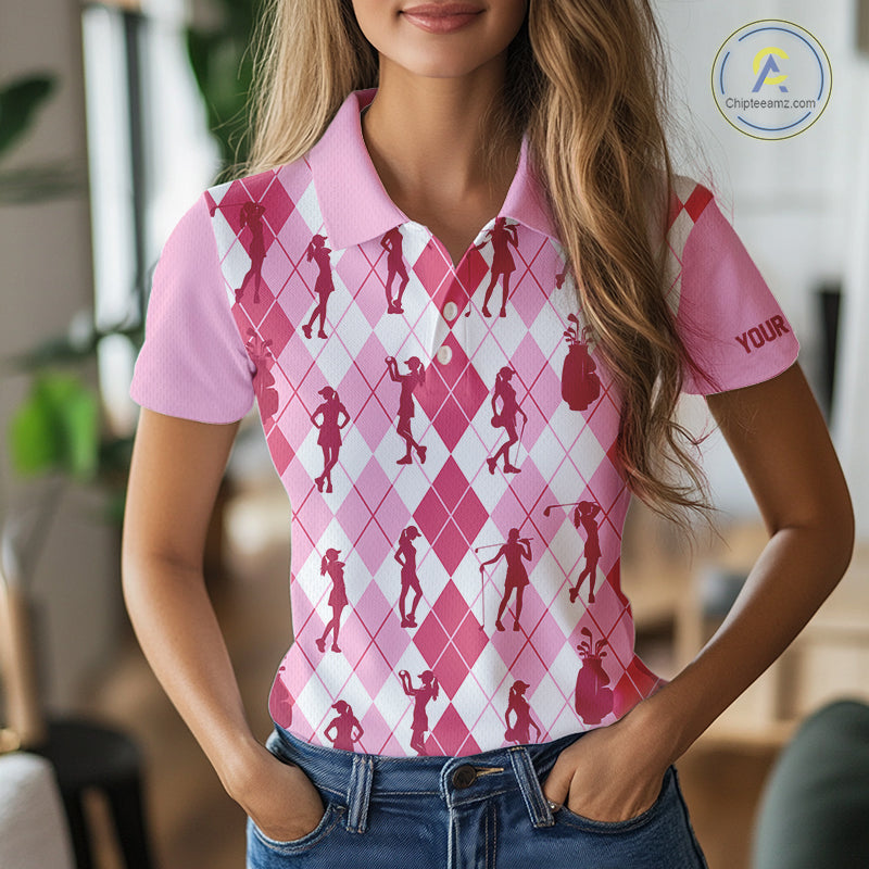 Light Pink Argyle Womens Golf Polo Shirts, Golf Shirts Custom Team Golf Polo For Ladies Team Golf Tops NBT491
