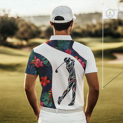 Custom Name Colorful Tropical Pattern Golf Men's Polo Shirt, White Golf Shirt, Team Golf Top NBT498