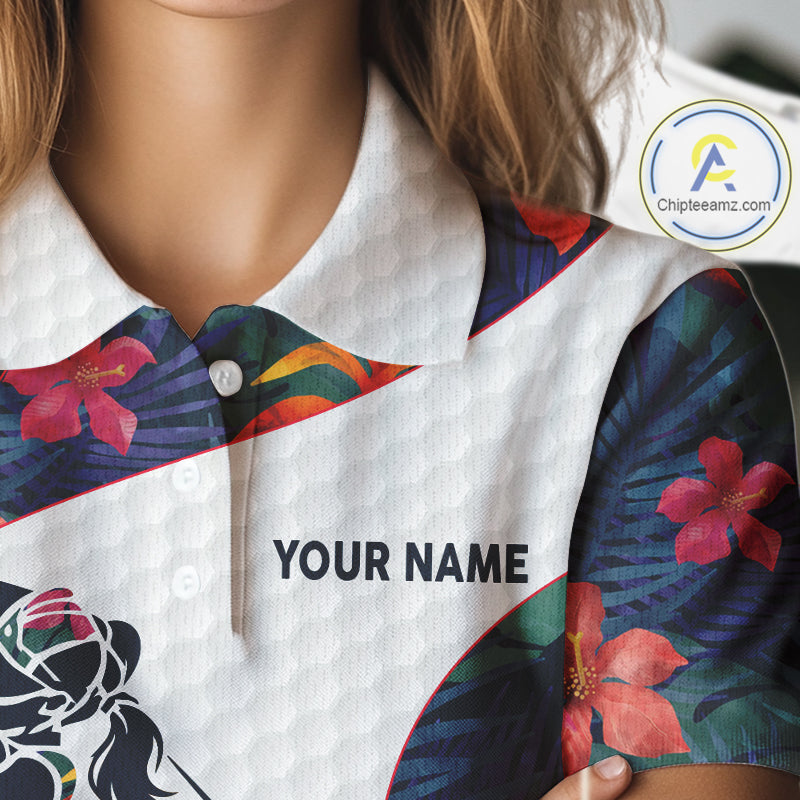 Custom Name Colorful Tropical Pattern Golf Women's Polo Shirt, White Golf Shirt, Team Golf Top NBT498