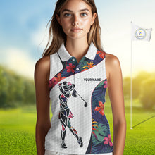 Load image into Gallery viewer, Custom Name Colorful Tropical Pattern Golf Women's Sleeveless Polo Shirt, White Golf Shirt, Team Golf Top NBT498