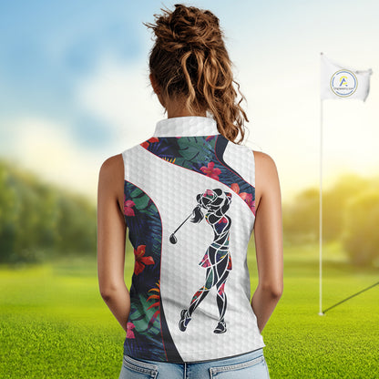 Custom Name Colorful Tropical Pattern Golf Women's Sleeveless Polo Shirt, White Golf Shirt, Team Golf Top NBT498