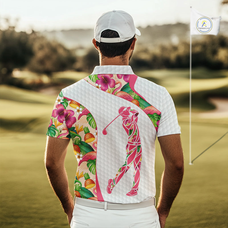 Colorful Tropical Pattern Mens Golf Polo Shirt Custom Name White Golf Shirt, Golf Gifts NBT499