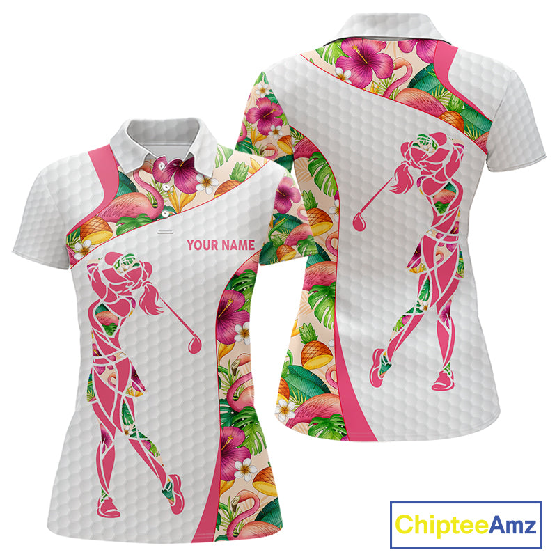 Colorful Tropical Pattern Womens Golf Polo Shirt Custom Name White Golf Shirt, Golf Gifts NBT499