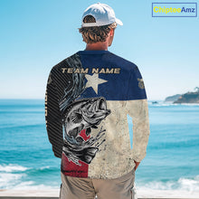 Load image into Gallery viewer, Model wearing Texas Flag Bass Fishing Shirt custom long sleeve UPF on boat largemouth bass tournament fishing