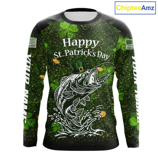 Custom St Patrick's Day American Flag Bass Long Sleeve Fishing Shirts, Patriotric Bass Fishing Jerseys NBT381