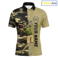 Load image into Gallery viewer, Funny Skull Golf Polo Shirts Green Camo Pattern Custom Name Skull Playing Golf Apparel NBT625